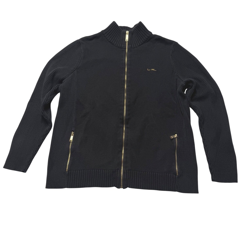 Lauren Ralph Lauren Sweater Cardigan Full Zip Womens 1X Black Cotton LRL Preppy